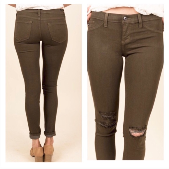 Olive Distressed Skinny Jeans - Picture 3 of 4